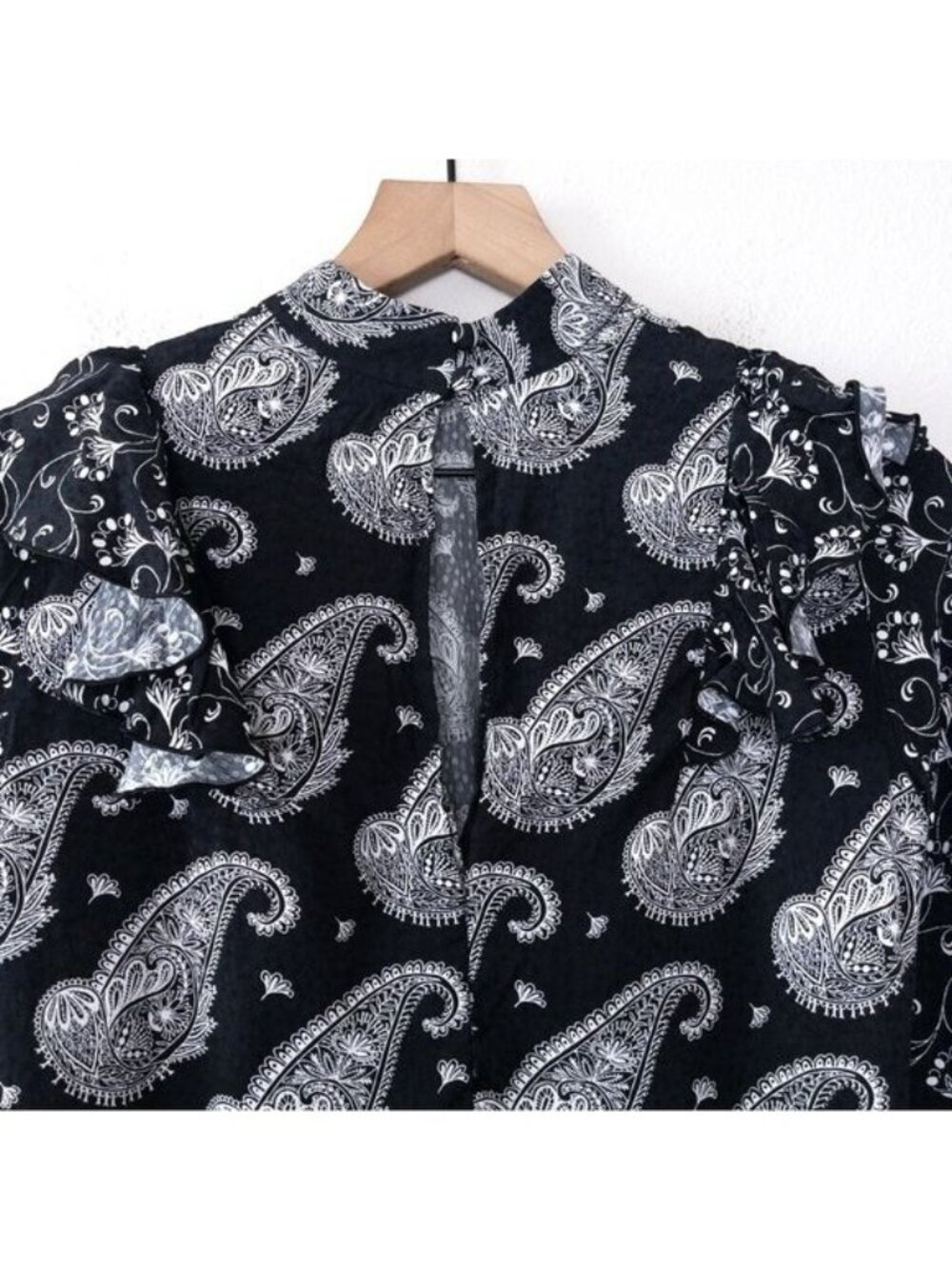 Ted Baker Tiasey Paisley Ruffle Blouse Top 0 Black High Neck Waterfall Frill - Picture 9 of 13